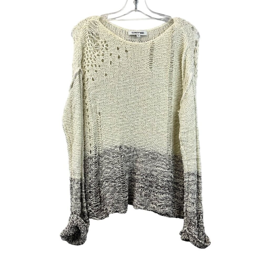 Elizabeth and James Long Cuffed Sleeve Distressed Sweater Cream/Brown XS